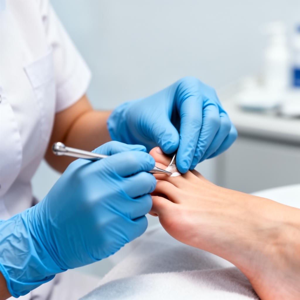 Behandlung am Patientenfuß mit Handschuhen und sterilem Instrument